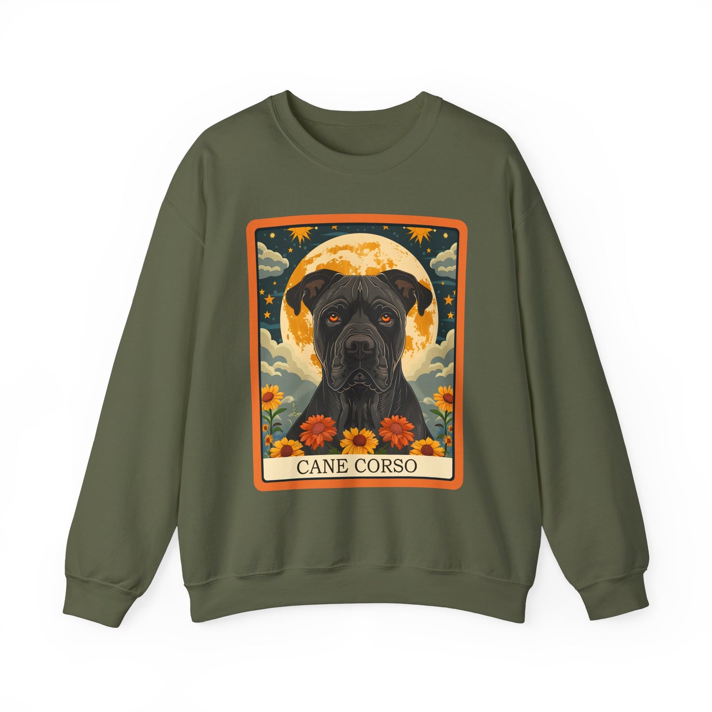 Cane Corso – Majestic Dog Tarot Art with Full Moon and Sunflowers - Unisex Heavy Blend™ Crewneck Sweatshirt