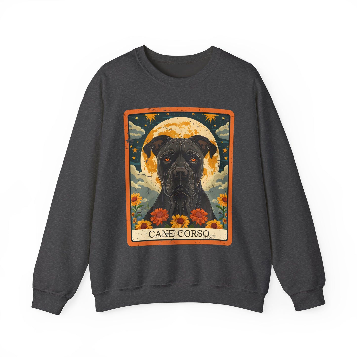 Cane Corso – Majestic Dog Sweatshirt, Full Moon and Sunflowers - Unisex Heavy Blend™ Crewneck Sweatshirt - Grunged Look
