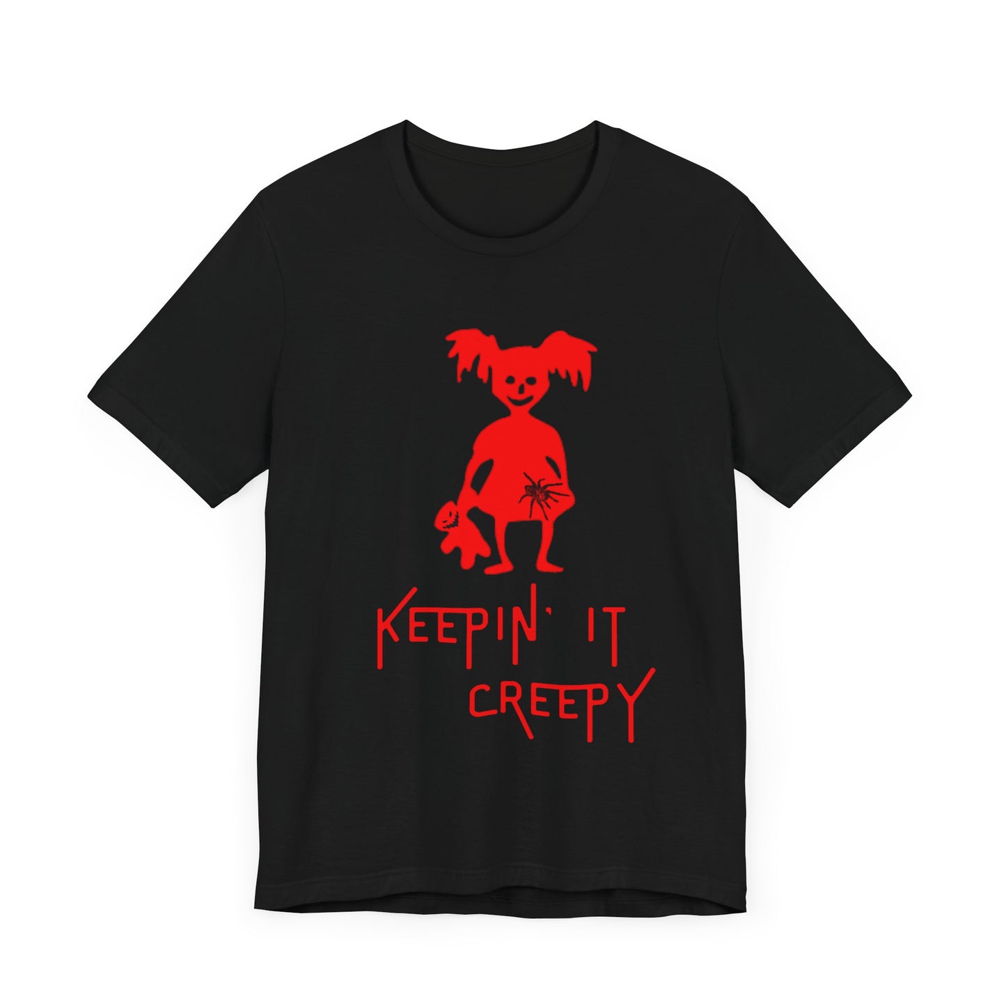 Keepin It Creepy - Devil Girl with Spider and Creepy Doll T-Shirt, Unisex Tee for Halloween, Horror Movie Fan Gift, Spooky Graphic Shirt, Scary