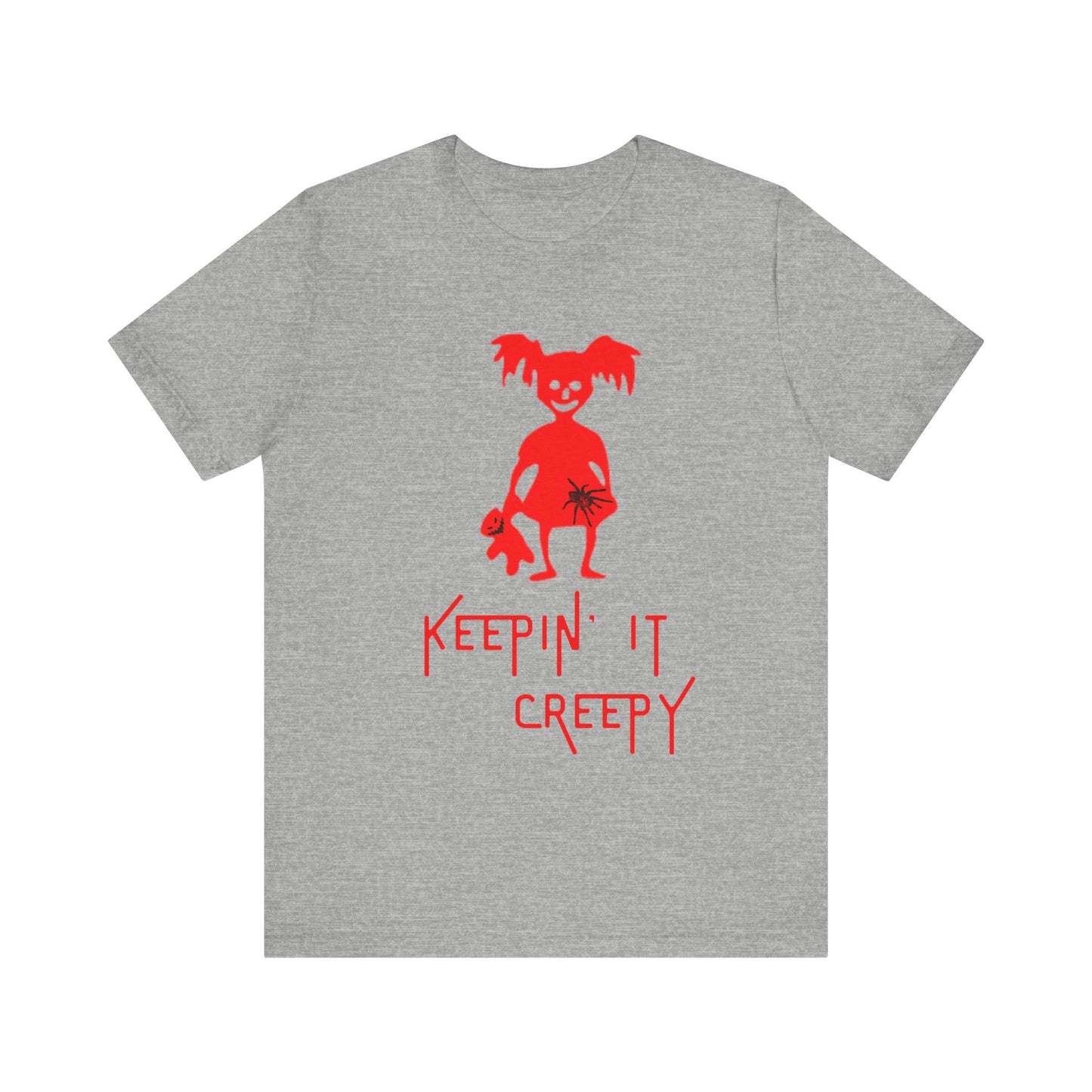Keepin It Creepy - Devil Girl with Spider and Creepy Doll T-Shirt, Unisex Tee for Halloween, Horror Movie Fan Gift, Spooky Graphic Shirt, Scary
