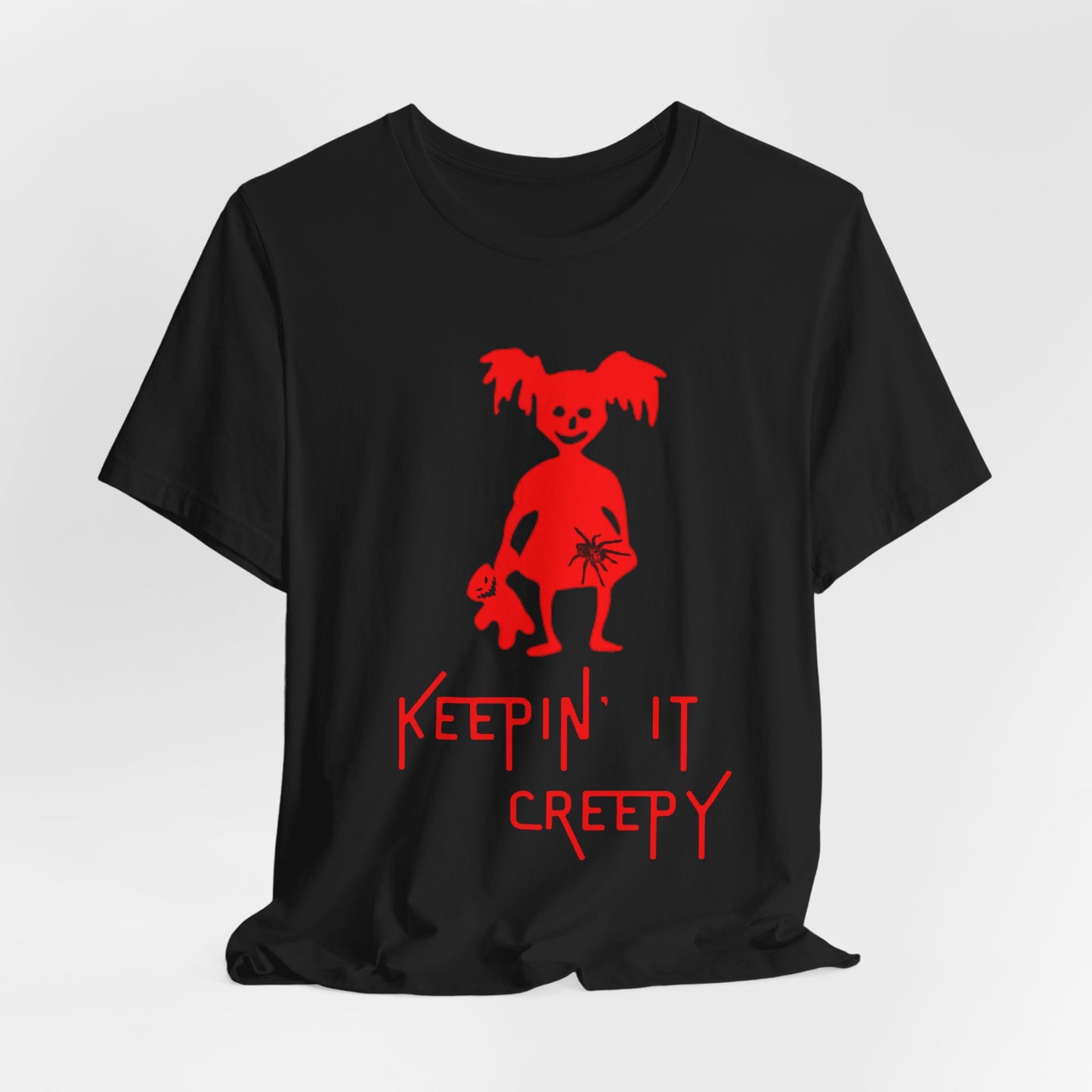 Keepin It Creepy - Devil Girl with Spider and Creepy Doll T-Shirt, Unisex Tee for Halloween, Horror Movie Fan Gift, Spooky Graphic Shirt, Scary