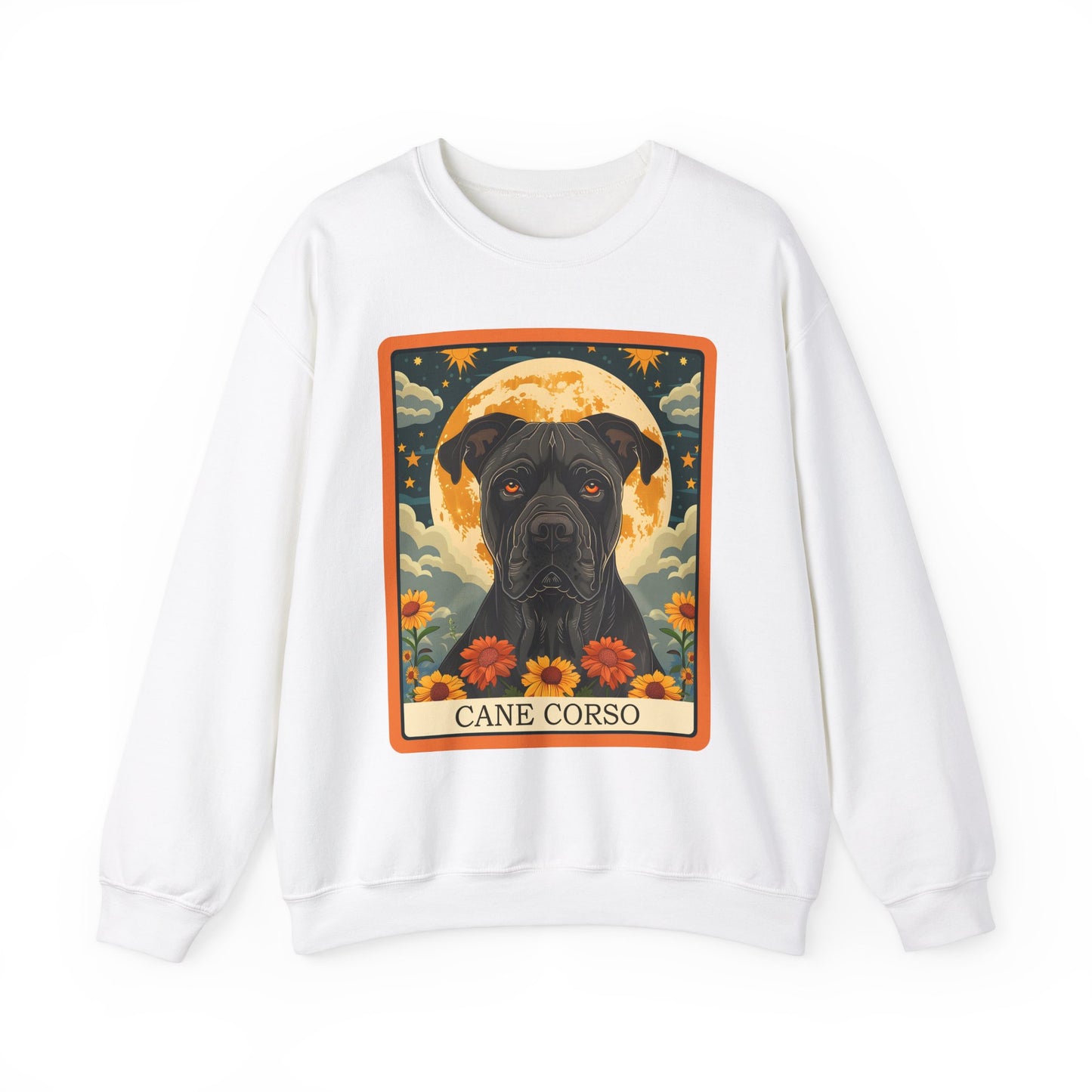 Cane Corso – Majestic Dog Tarot Art with Full Moon and Sunflowers - Unisex Heavy Blend™ Crewneck Sweatshirt