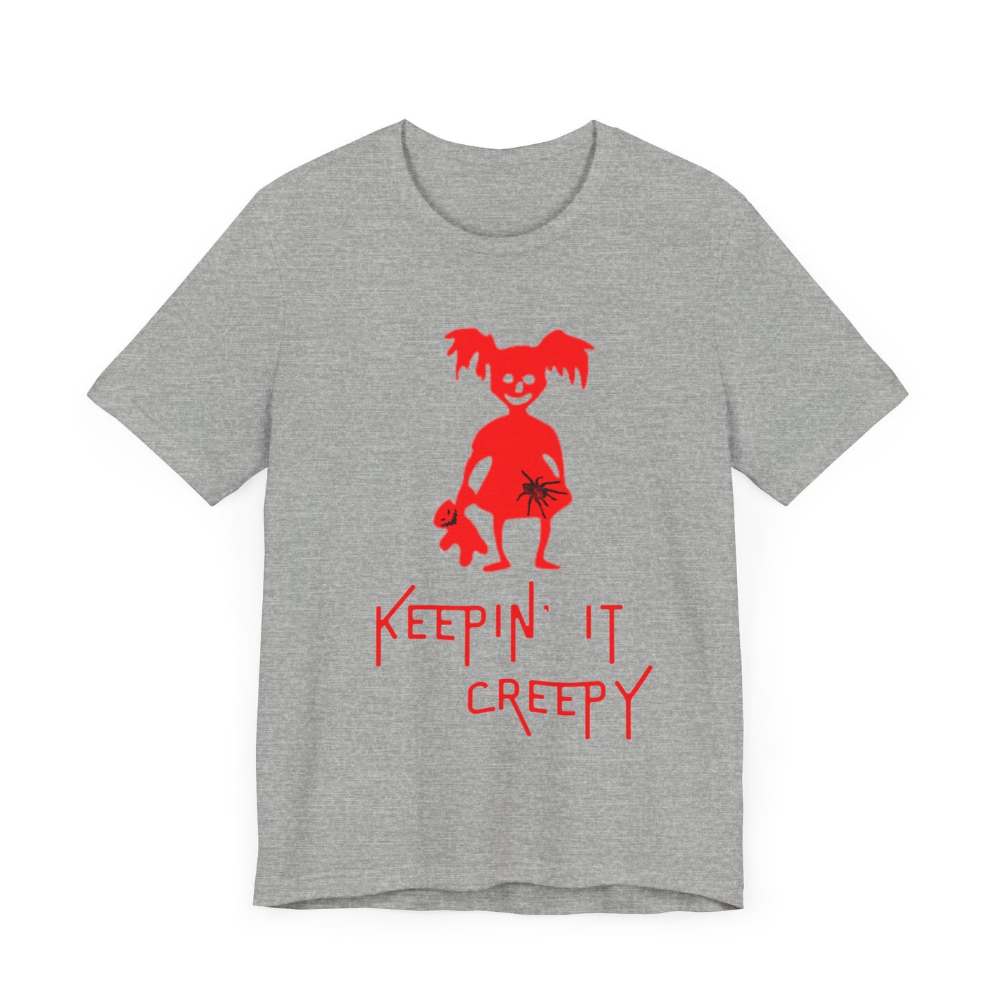 Keepin It Creepy - Devil Girl with Spider and Creepy Doll T-Shirt, Unisex Tee for Halloween, Horror Movie Fan Gift, Spooky Graphic Shirt, Scary