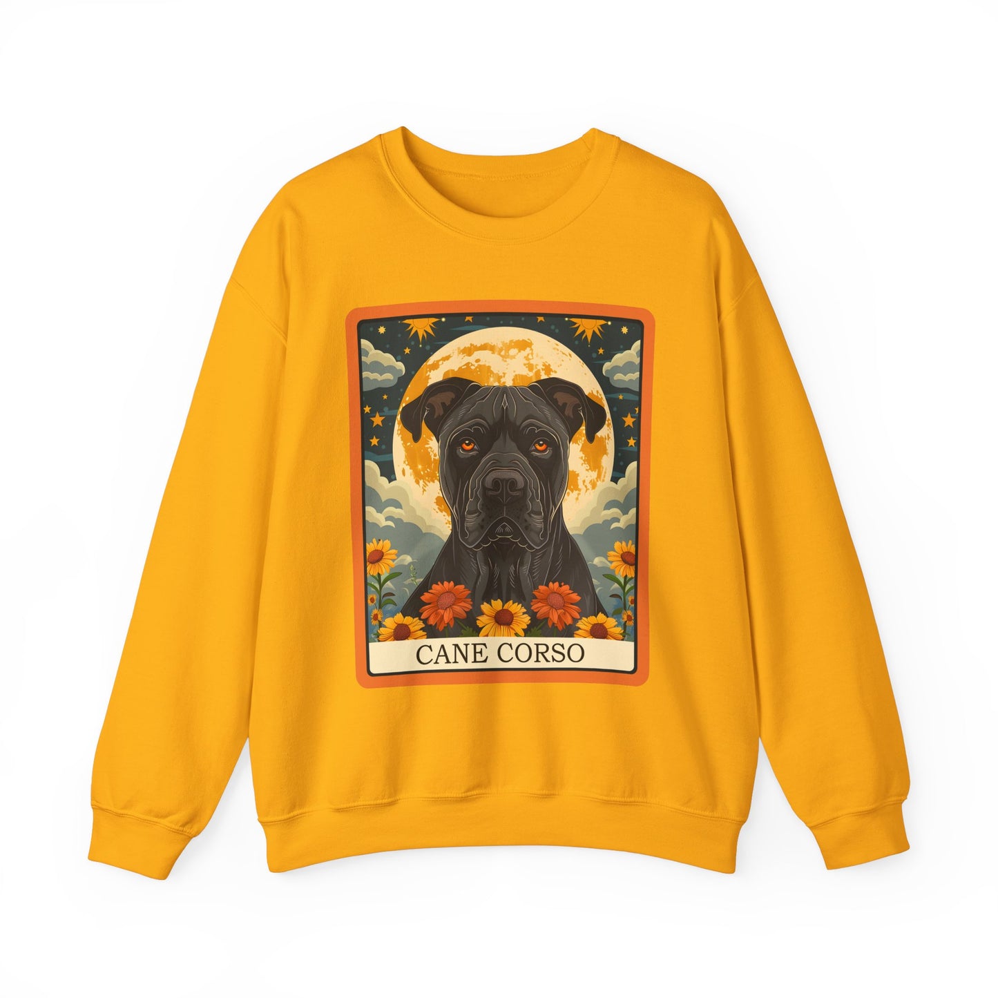Cane Corso – Majestic Dog Tarot Art with Full Moon and Sunflowers - Unisex Heavy Blend™ Crewneck Sweatshirt