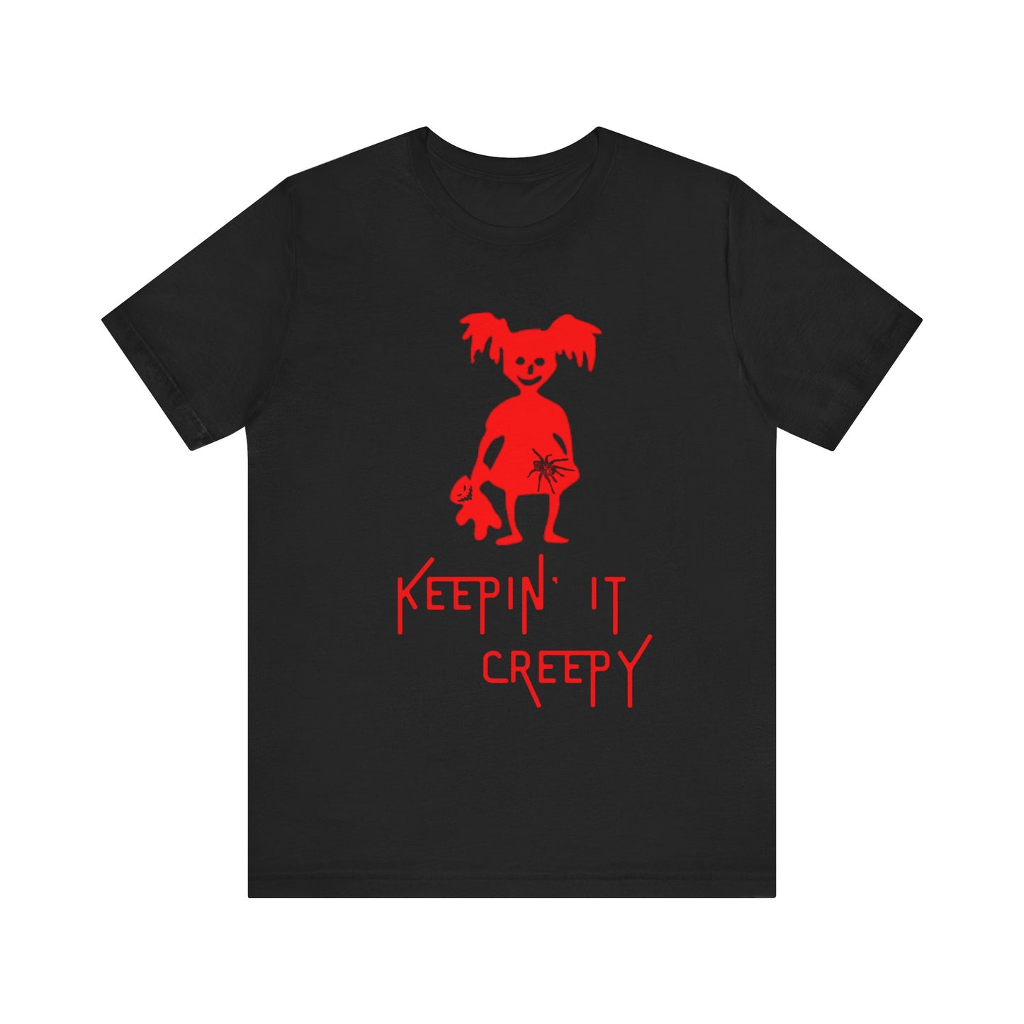 Keepin It Creepy - Devil Girl with Spider and Creepy Doll T-Shirt, Unisex Tee for Halloween, Horror Movie Fan Gift, Spooky Graphic Shirt, Scary