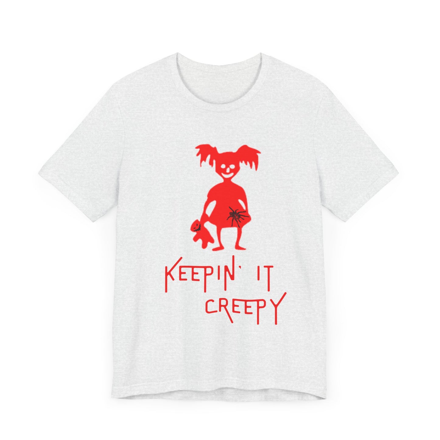 Keepin It Creepy - Devil Girl with Spider and Creepy Doll T-Shirt, Unisex Tee for Halloween, Horror Movie Fan Gift, Spooky Graphic Shirt, Scary