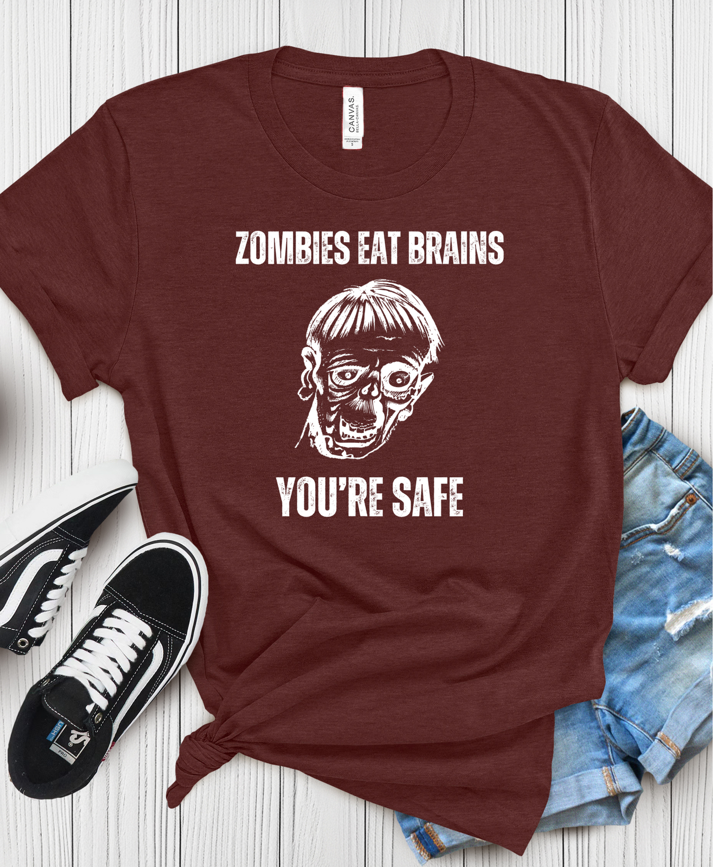 Zombies Eat Brains, You're Safe Sarcastic Halloween Tee, Funny Unisex T-Shirt