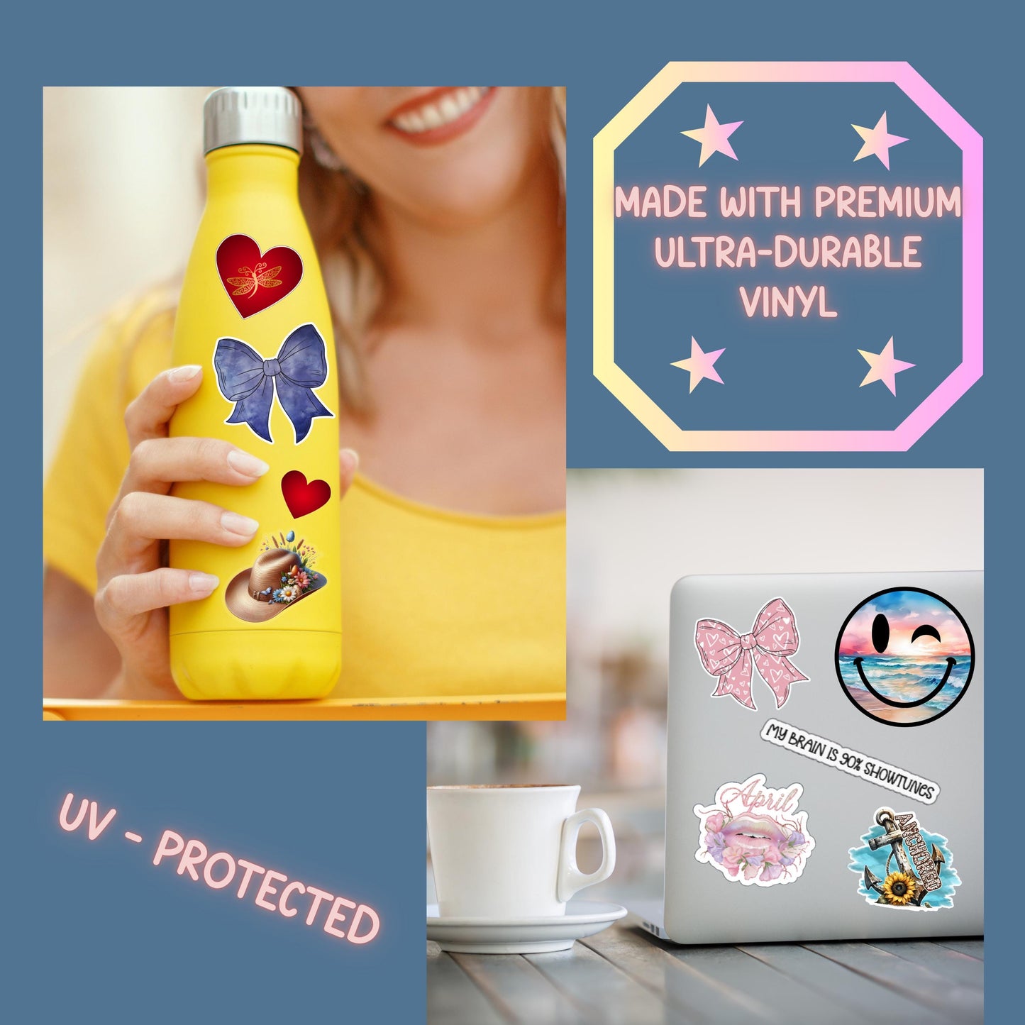 a woman holding a yellow bottle next to a laptop