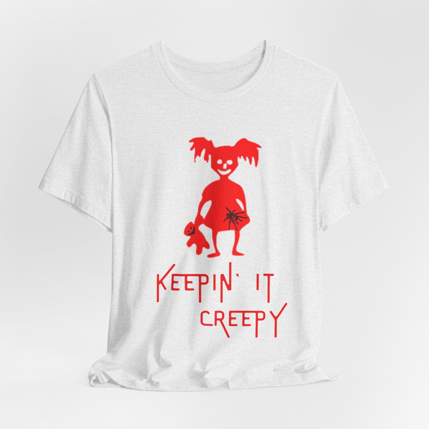 Keepin It Creepy - Devil Girl with Spider and Creepy Doll T-Shirt, Unisex Tee for Halloween, Horror Movie Fan Gift, Spooky Graphic Shirt, Scary