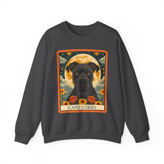 Cane Corso – Majestic Dog Tarot Art with Full Moon and Sunflowers - Unisex Heavy Blend™ Crewneck Sweatshirt