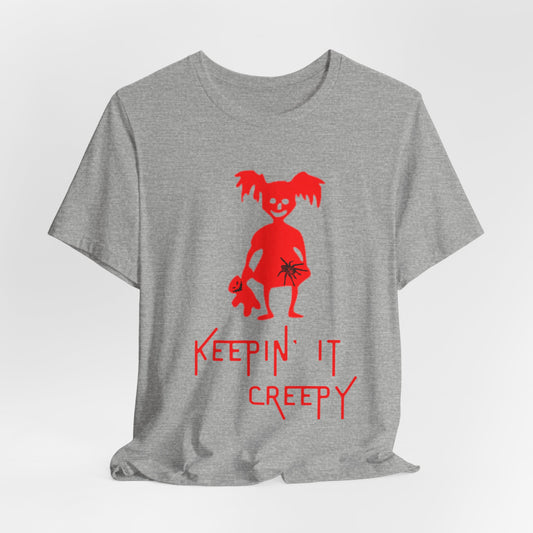 Keepin It Creepy - Devil Girl with Spider and Creepy Doll T-Shirt, Unisex Tee for Halloween, Horror Movie Fan Gift, Spooky Graphic Shirt, Scary