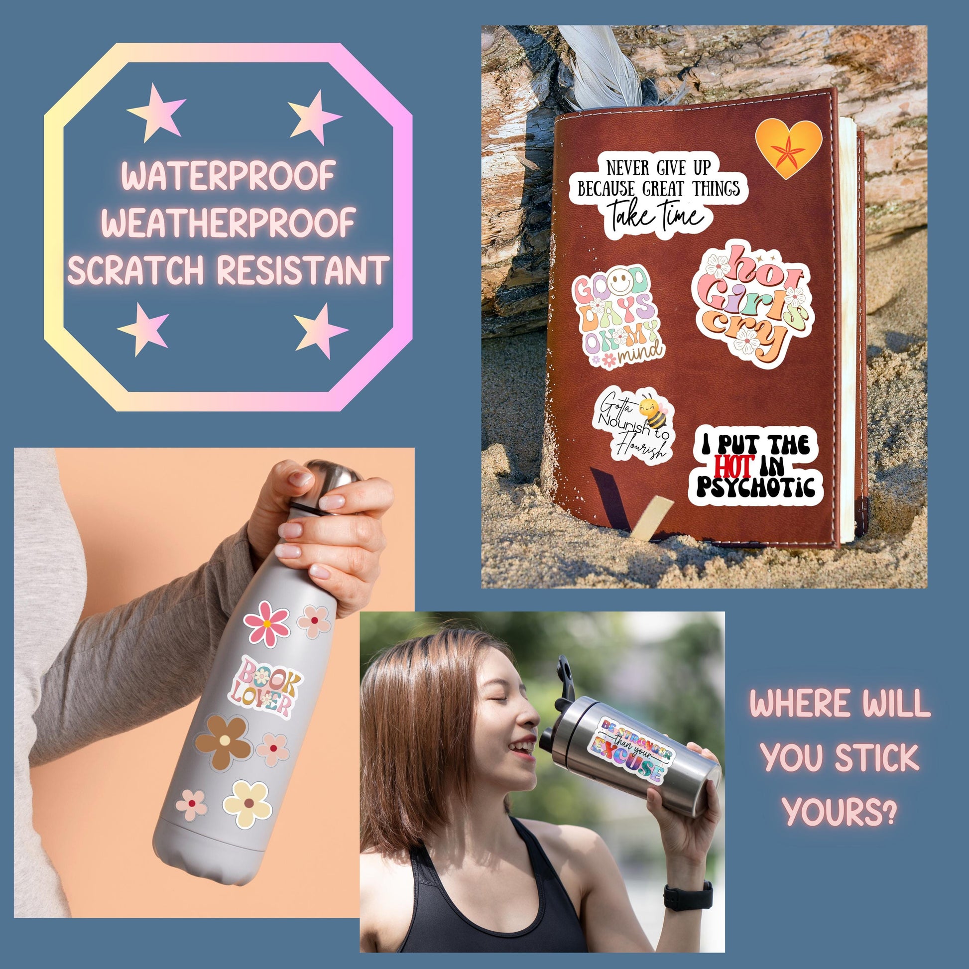 a collage of photos with a woman holding a water bottle
