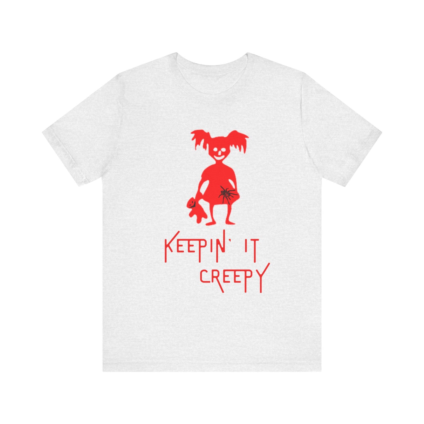 Keepin It Creepy - Devil Girl with Spider and Creepy Doll T-Shirt, Unisex Tee for Halloween, Horror Movie Fan Gift, Spooky Graphic Shirt, Scary